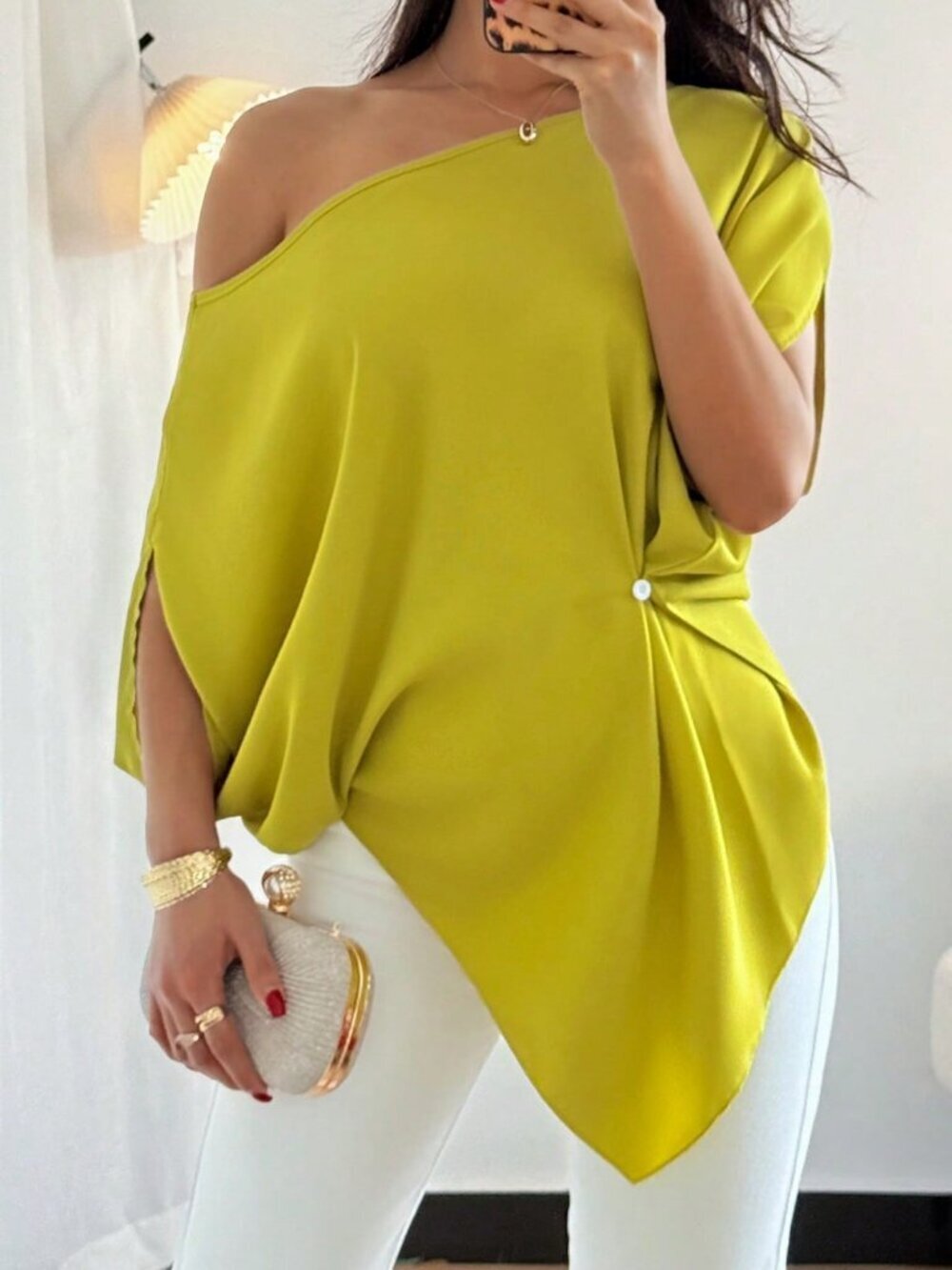 Green Casual Women's Elegant Dropped Shoulder Sleeves Top